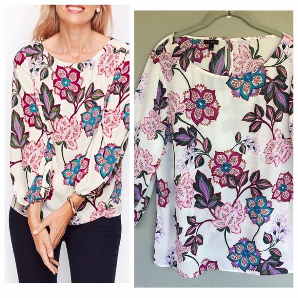 Talbots Blouse Top L Purple Floral Long Sleeve Popover Boho Cottagecore Career - Picture 1 of 10